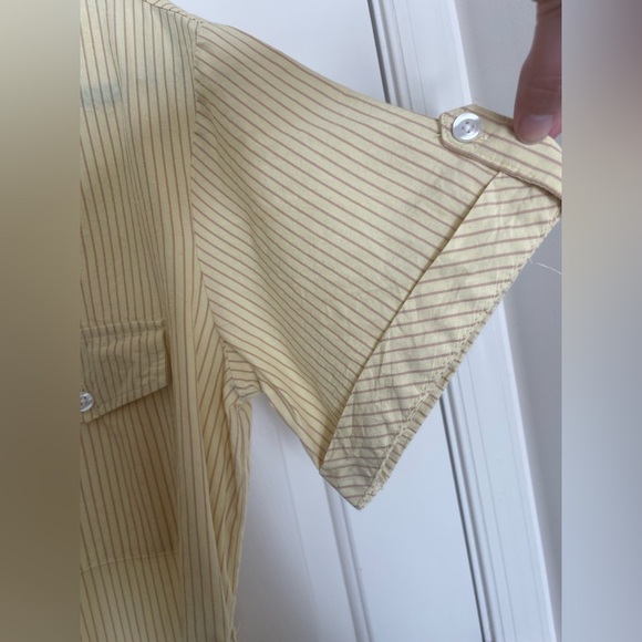 ICHI Yellow Striped Belted Shirt Dress Button Down Midi Short Sleeve Pockets - Picture 5 of 14